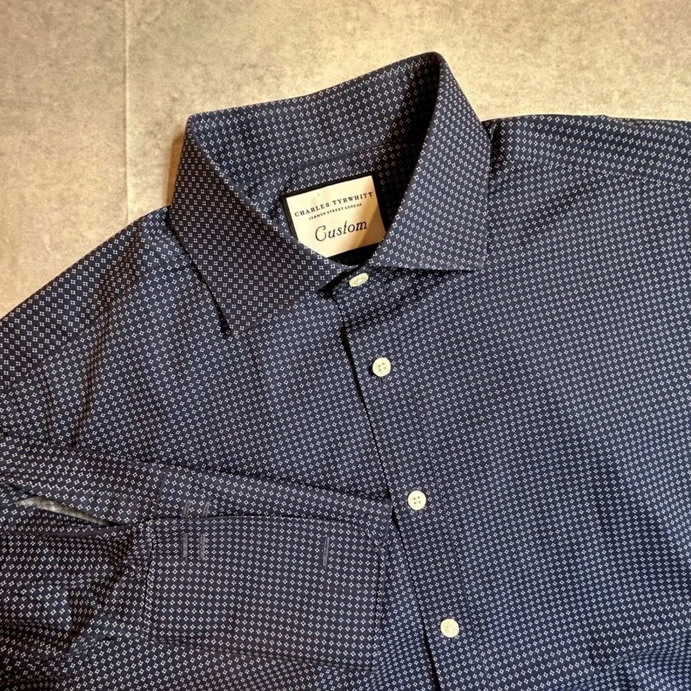 Charles Tyrwhitt Custom Navy Diamond Print French Cuff Dress Shirt Mens EST XL